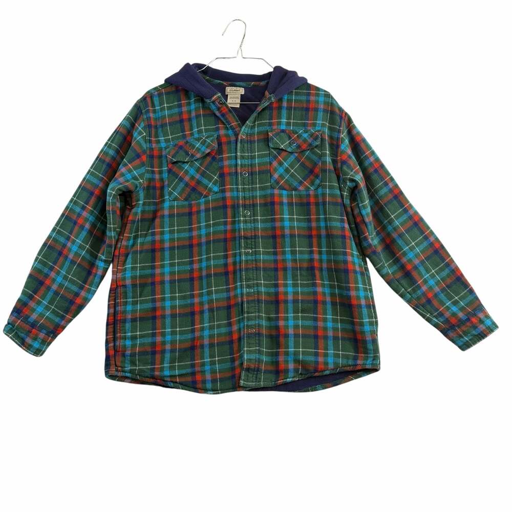 L.L.Bean Women’s Fleece-Lined Hooded Flannel Shirt Jacket Green Plaid XL 18
